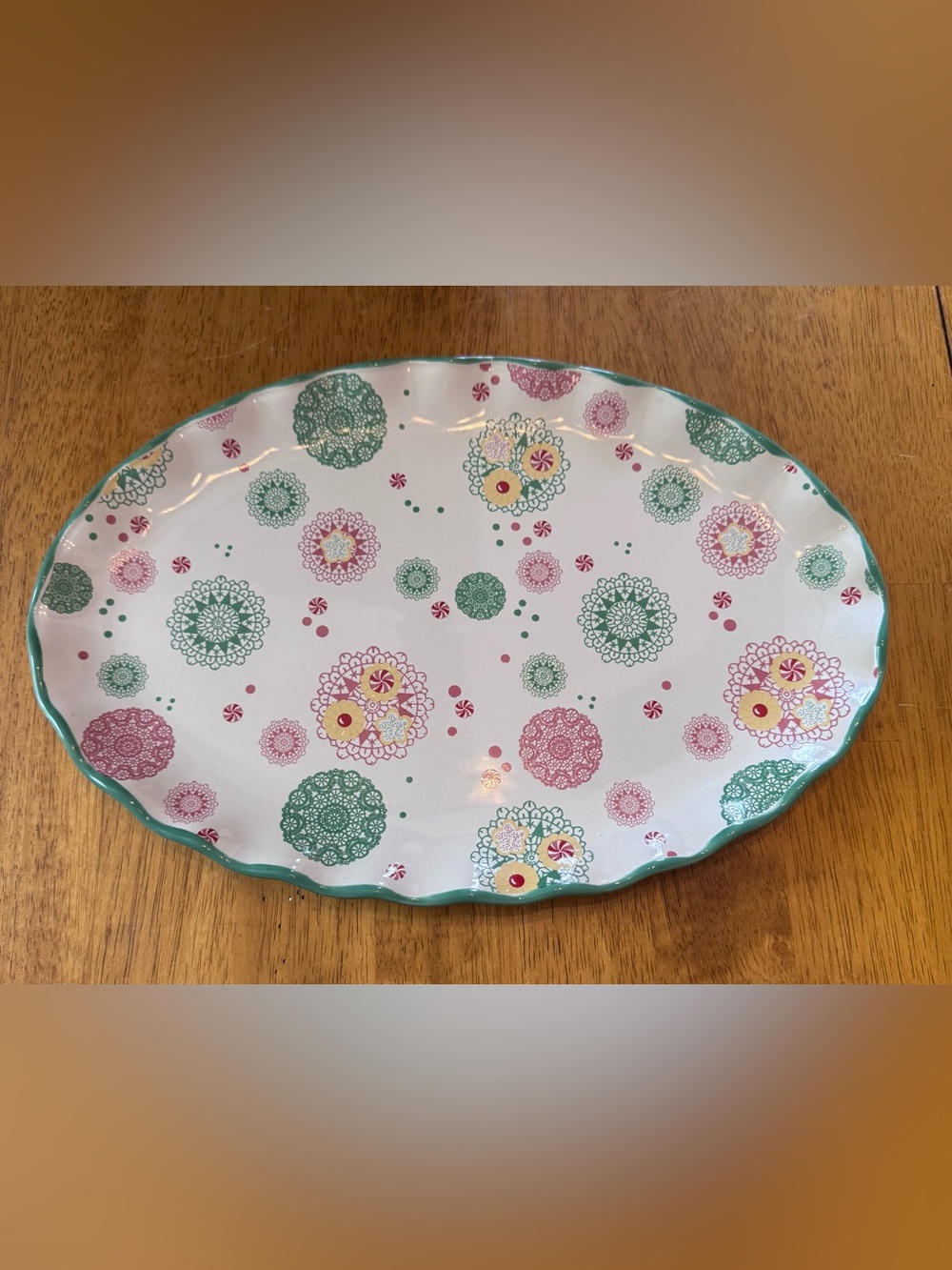 14” Oval Decorative Floral Pattern Holiday Serving Platter - Green & Pink